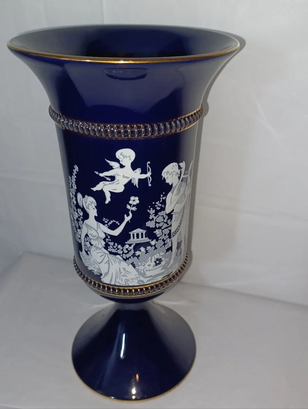 Vintage Hand Made Florentine Italy Blue Classical Vase with White Cameo Motif
